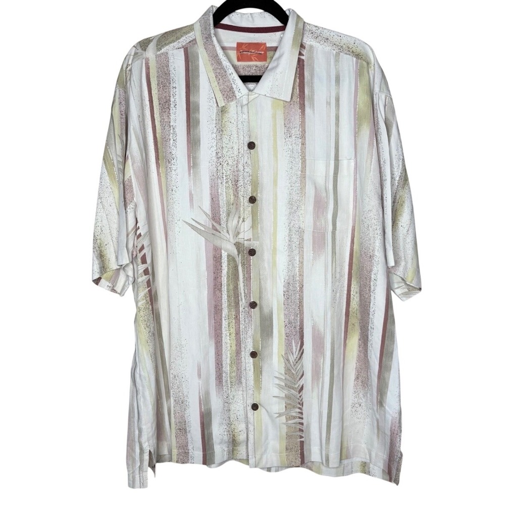 Tommy Bahama Mens XL 100% Silk Short Sleeve Button Down Tropical Stripe Shirt